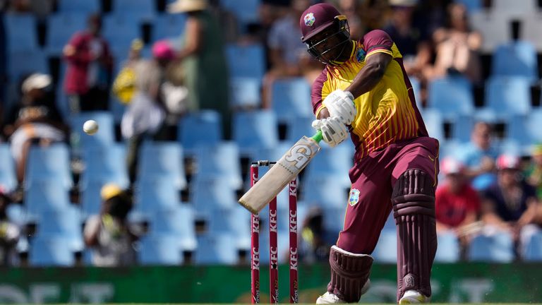 West Indies&#39;s batsman Johnson Charles plays a shot during the second T20 cricket match between South Africa and West Indies, at Centurion Park, in Pretoria, South Africa, Sunday, March 26, 2023. (AP Photo/Themba Hadebe)