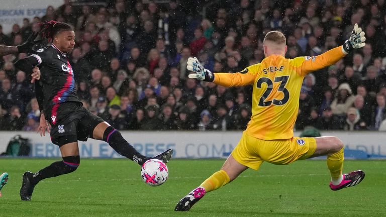 Crystal Palace&#39;s Michael Olise tests Jason Steele in the first half 
