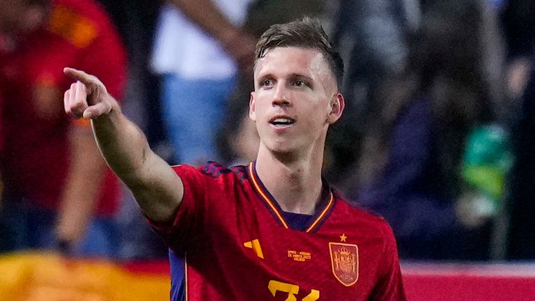 Dani Olmo celebrates scoring Spain's opening goal against Norway