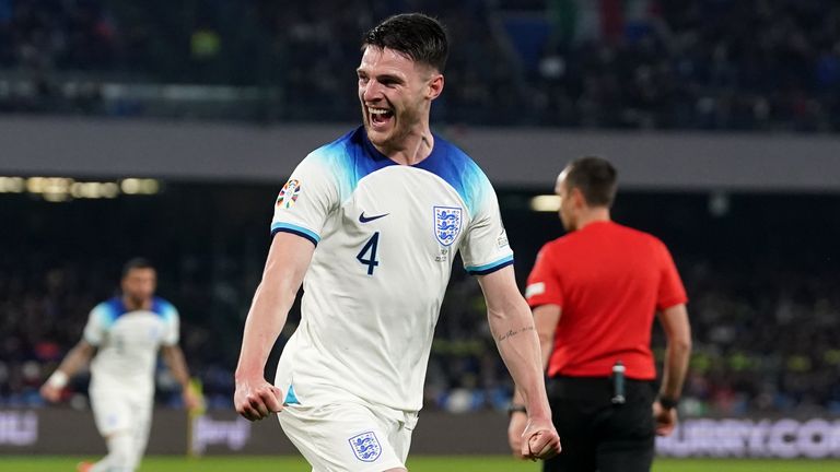 Declan Rice celebrates after putting England ahead of Italy
