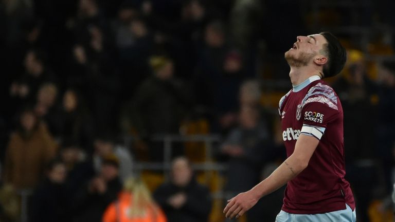 West Ham's Declan Rice reacts after the end of the English Premier League soccer match between Wolverhampton Wanderers and West Ham United at Molineux Stadium in Wolverhampton, England, Saturday, Jan. 14, 2023. Wolves won the game 1-0.(AP Photo/Rui Vieira)
