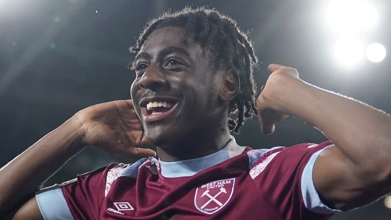 West Ham United�s Divin Mubama celebrates after scoring their sides third goal during the UEFA Europa Conference League round of sixteen, second leg match at the London Stadium, London. Picture date: Thursday March 16, 2023.