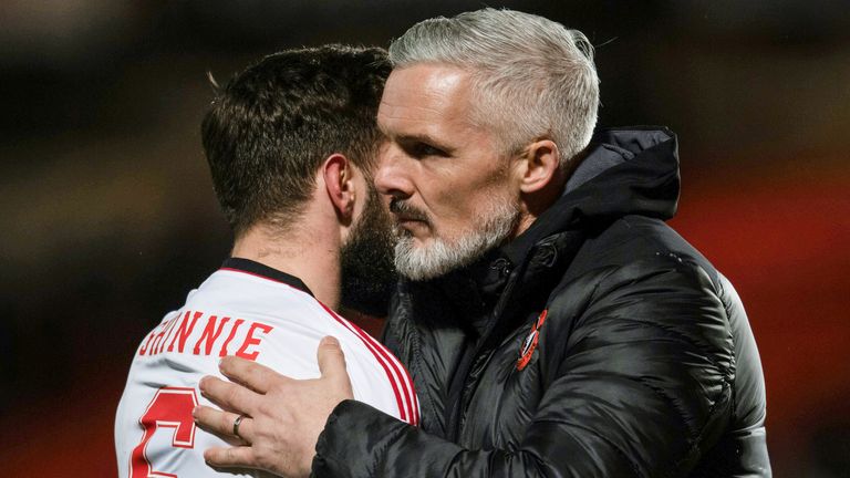 DUNDEE, SCOTLAND - MARCH 04: Dundee United manager Jim Goodwin and Aberdeen&#39;s Graeme Shinnie at full time during a cinch Premiership match between Dundee United and Aberdeen at Tannadice Park, on March 04, 2023, in Dundee, Scotland.  (Photo by Mark Scates / SNS Group)