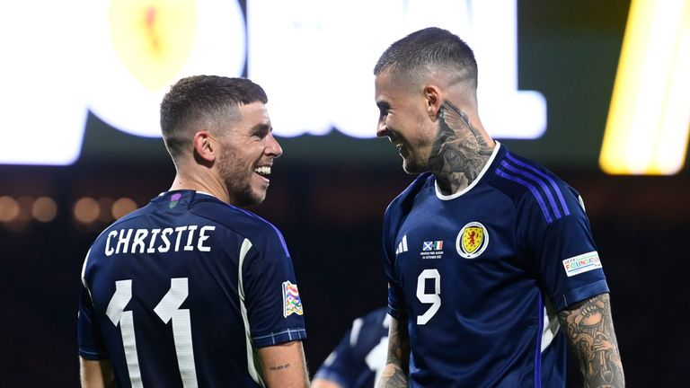 GLASGOW, SCOTLAND -SEPTEMBER 24: Ryan Christie celebrates with Lyndon Dykes after scoring to make it 2-1 Scotland. during a UEFA Nations League match between Scotland and Republic of Ireland at Hampden Park, on September 24, 2022, in Glasgow, Scotland. (Photo by Rob Casey / SNS Group)
