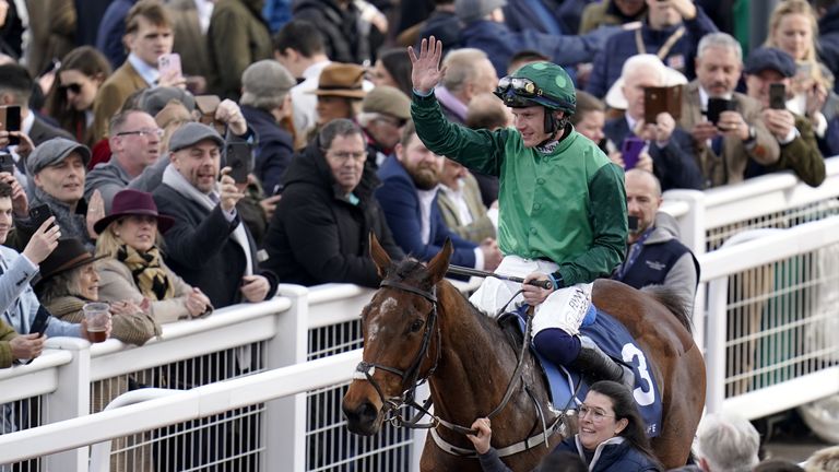 Paul Townend salutes the crowd at Cheltenham after victory on El Fabiolo