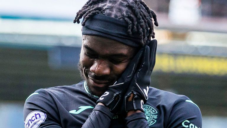 LIVINGSTON, SCOTLAND - MARCH 04: Hibernian's Elie Youan celebrates after scoring to make it 2-1 during a cinch Premiership match between Livingston and Hibernian at the Tony Macaroni Arena, on March 04, 2023, in Livingston, Scotland. (Photo by Roddy Scott / SNS Group).