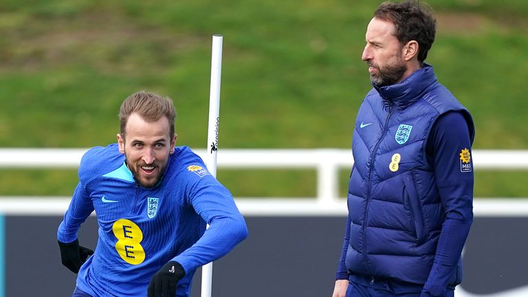 England coach Gareth Southgate and Harry Kane during a training session at St George's Park
