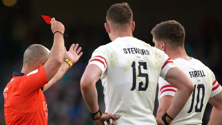 Freddie Steward was sent off late in the first half of Saturday's Six Nations game against Ireland in Dublin
