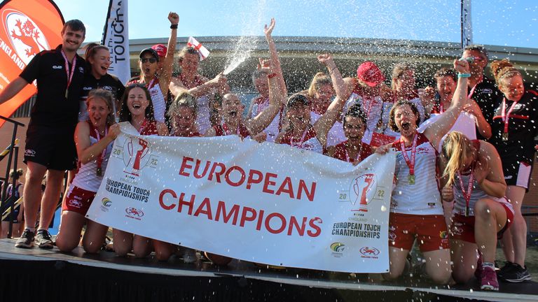 England open women celebrate their triumph at last year's European Touch Championships