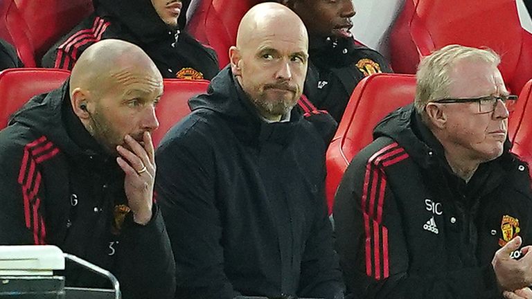 Manchester United manager Erik ten Hag (centre) looks on during his side&#39;s 7-0 defeat by Liverpool at Anfield