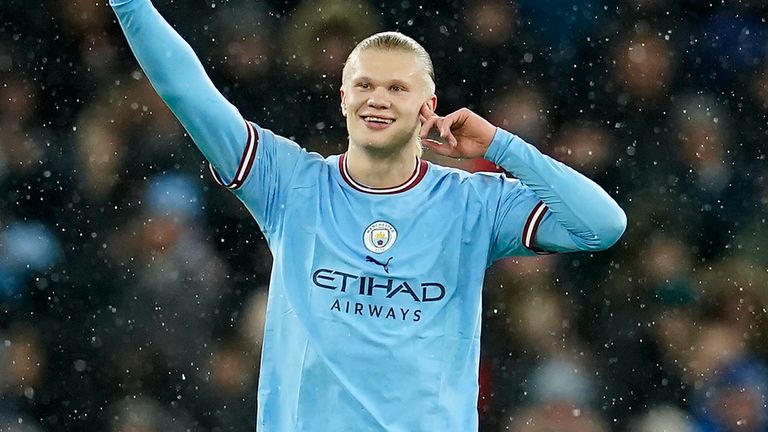 Manchester City's Erling Haaland celebrates after scoring the opening goal vs RB Leipzig