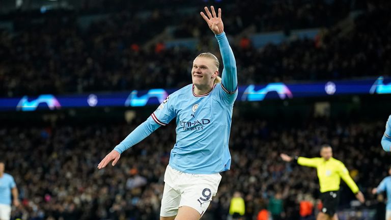Manchester City&#39;s Erling Haaland celebrates after scoring his side&#39;s fifth goal vs RB Leipzig