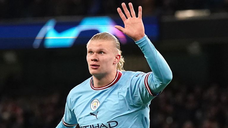 Erling Haaland celebrates scoring his fifth goal of the match in Man City's Champions League match vs RB Leipzig