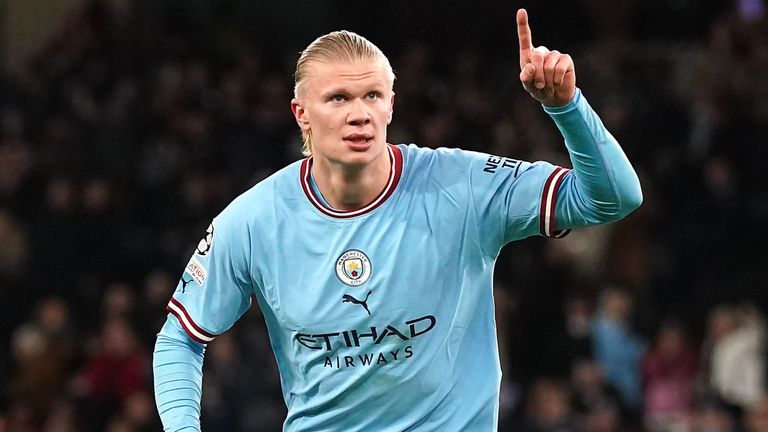 Erling Haaland celebrates scoring for Man City vs RB Leipzig