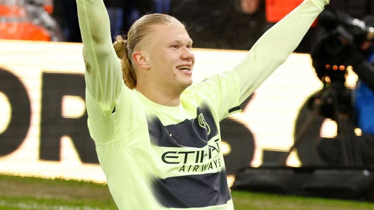 Manchester City&#39;s Erling Haaland celebrates after scoring his side&#39;s opening goal