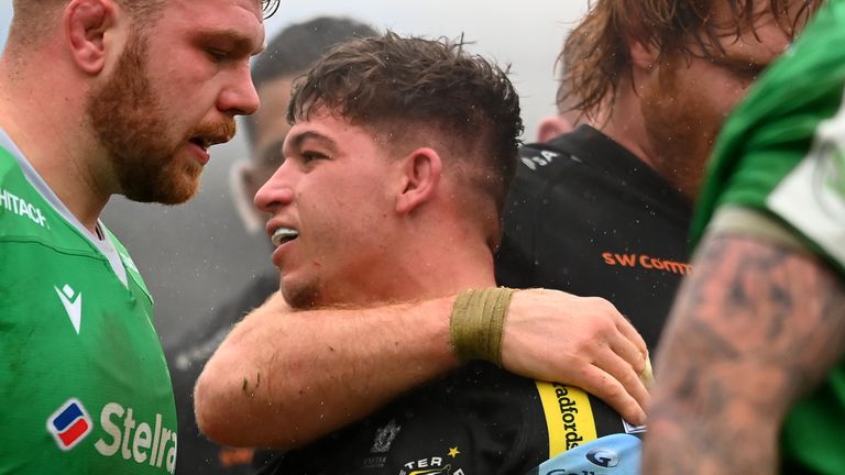 Dan Frost celebrates after Exeter Chiefs' opening try in the win over Newcastle Falcons in the Gallagher Premiership