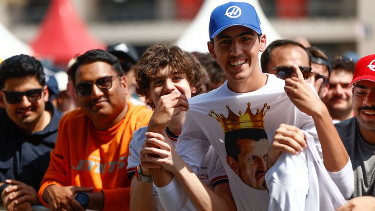 BAHRAIN INTERNATIONAL CIRCUIT, BAHRAIN - MARCH 04: Haas F1 fans during the Bahrain GP at Bahrain International Circuit on Saturday March 04, 2023 in Sakhir, Bahrain. (Photo by Andy Hone / LAT Images)