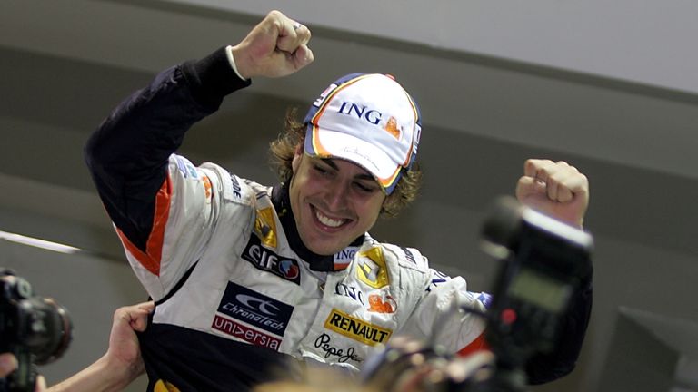 Alonso celebrates an unlikely victory for Renault in 2008