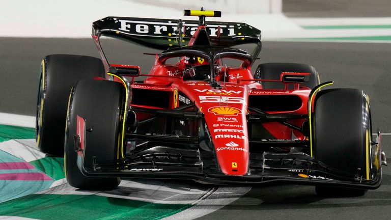 Ferrari driver Carlos Sainz of Spain steers his car during the second free practice ahead of the Formula One Grand Prix at the Jeddah corniche circuit in Jeddah, Saudi Arabia, Friday, March 17, 2023. (AP Photo/Luca Bruno)