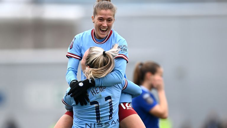 Filippa Angeldahl celebrates her goal with Lauren Hemp