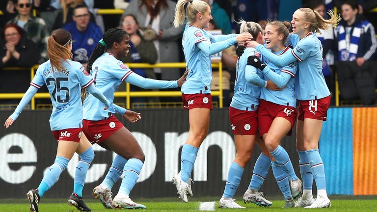 Man City's Filippa Angeldal (second right) celebrates with her team-mates after scoring their first goal