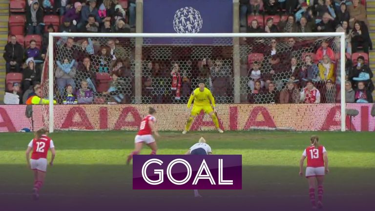 Kim Little steps us and smashes her penalty into the roof of the net, moving Arsenal 3-1 ahead against Tottenham.