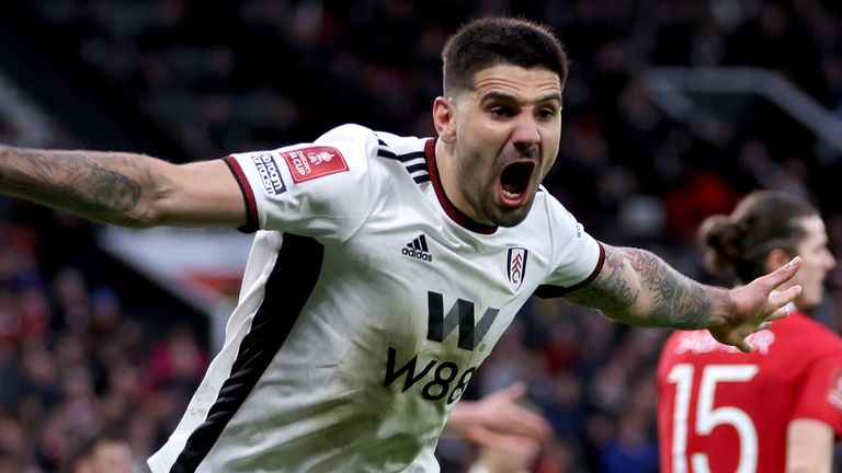 Aleksandar Mitrovic celebrates after giving Fulham the lead at Old Trafford