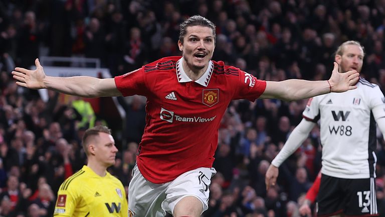 Marcel Sabitzer celebrates after putting Manchester United ahead against Fulham