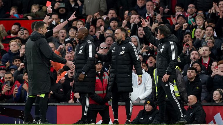 Fulham manager Marco Silva is sent off by referee Chris Kavanagh