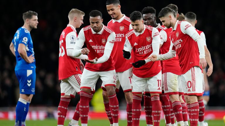 Arsenal's Gabriel Martinelli celebrates with team-mates after scoring