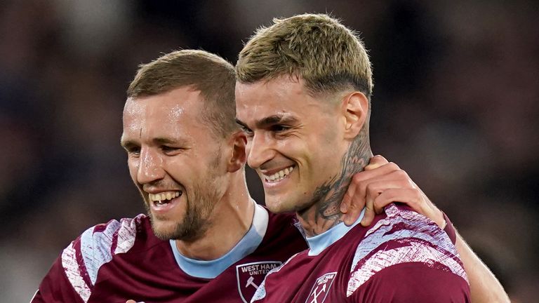 Gianluca Scamacca celebrates opening the scoring for West Ham against AEK Larnaca