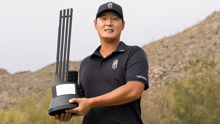 First place individual winner, Danny Lee of Iron Heads GC poses with the individual trophy after the final round of the LIV Golf Tucson