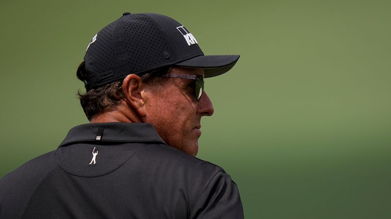 Phil Mickelson waits to putt on the second green during the final round of the Masters golf tournament on Sunday, April 11, 2021, in Augusta, Ga. (AP Photo/Matt Slocum)