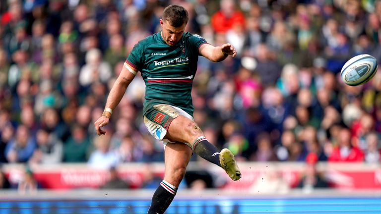 Leicester Tigers fly-half Handre Pollard scores a conversion