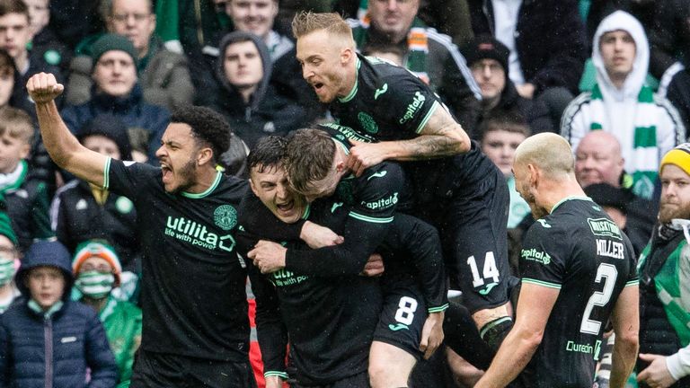 Josh Campbell celebrates giving Hibernian a 1-0 lead against Celtic