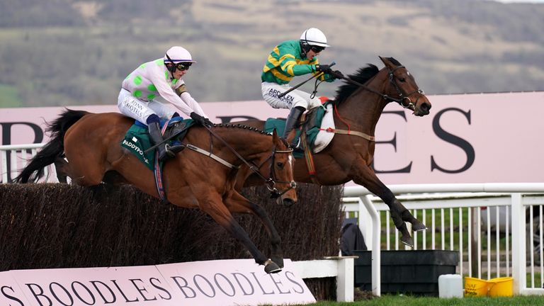 Impervious (right) jumps the last before winning the Mares&#39; Chase under Brian Hayes