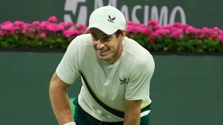 Andy Murray, of Britain, looks toward his coach after losing a point to Jack Draper, of Britain, at the BNP Paribas Open tennis tournament Monday, March 13, 2023, in Indian Wells, Calif. (AP Photo/Mark J. Terrill)