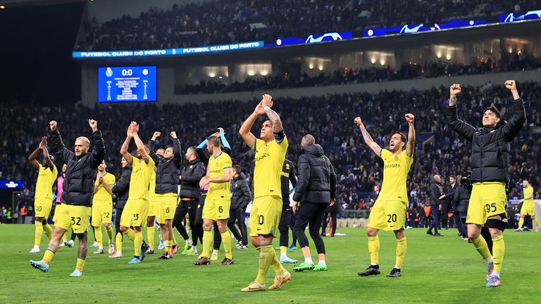 Inter Milan players celebrate after reaching the Champions league quarter-finals for the first time since 2011