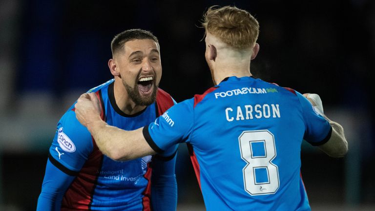 INVERNESS, SCOTLAND - MARCH 10: Inverness' Robbie Deas and David Carson celebrate at full time during a Scottish Cup Quarter-Final match between Inverness Caledonian Thistle and Kilmarnock at the Caledonian Stadium, on March 10, 2023, in Inverness, Scotland. (Photo by Mark Scates / SNS Group)