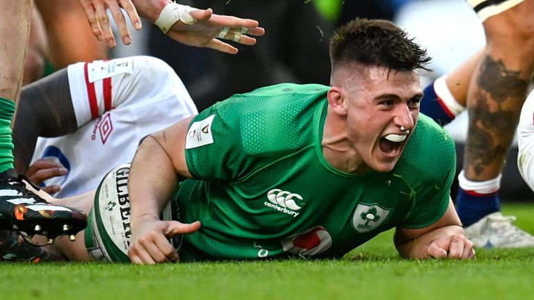 Dan Sheehan scores Ireland's opening try against England