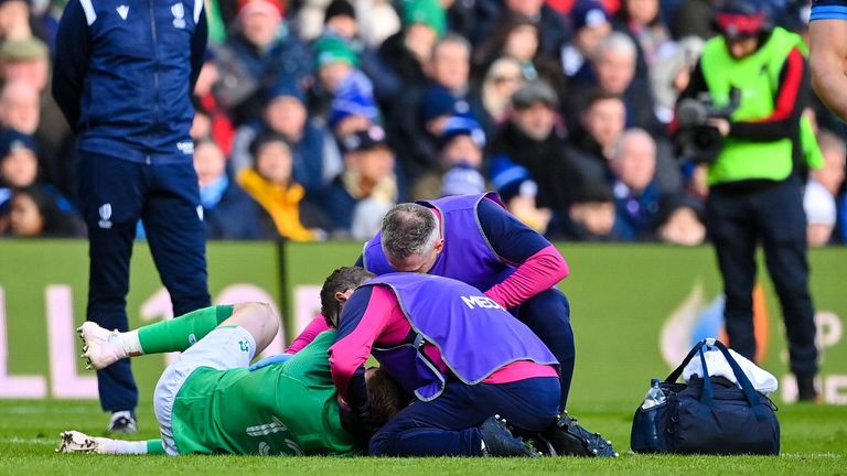 12 March 2023; Garry Ringrose of Ireland receives medical attention during the Guinness Six Nations Rugby Championship match between Scotland and Ireland at BT Murrayfield Stadium in Edinburgh, Scotland. Photo by Brendan Moran/Sportsfile