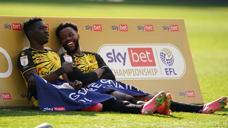 Ismaila Sarr and Nathaniel Chalobah celebrate promotion with Watford in 2021