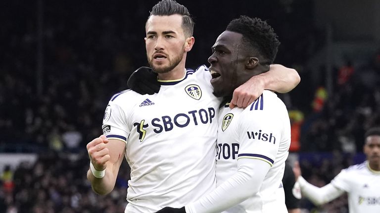 Jack Harrison celebrates with Wilfried Gnonto after equalising for Leeds