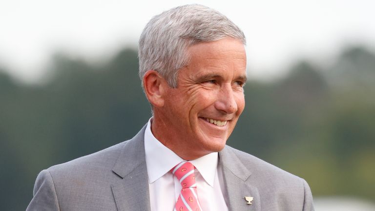 CHARLOTTE, NC - SEPTEMBER 25: PGA Tour commissioner Jay Monahan waits to speak at the closing ceremony for the 2022 Presidents Cup on September 25, 2022 at Quail Hollow Club in Charlotte, North Carolina. (Photo by Brian Spurlock/Icon Sportswire) (Icon Sportswire via AP Images)