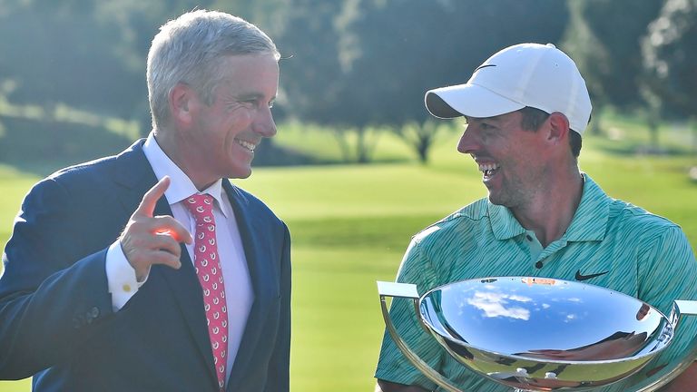 ATLANTA, GA - AUGUST 28: PGA Commissioner Jay Monahan (left) laughs with Rory McIlroy (right) after McIlroy won the PGA Tour Championship on Sunday, August 28, 2022 at East Lake Golf Club in Atlanta, GA. (Photo by Austin McAfee/Icon Sportswire) (Icon Sportswire via AP Images) 