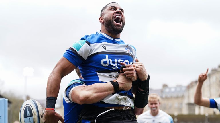 Joe Cokanasiga celebrates scoring Bath's third try during the win over Exeter