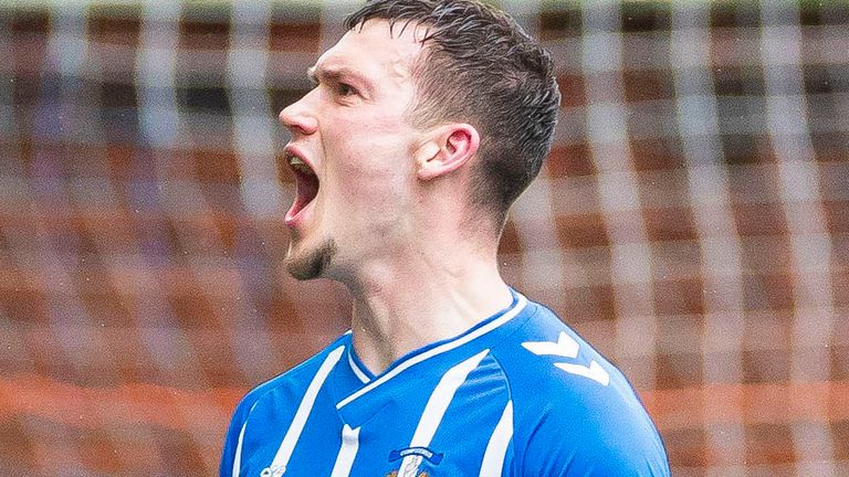 KILMARNOCK, SCOTLAND - MARCH 18: Kilmarnock's Joe Wright celebrates scoring to make it 1-0 during a cinch Premiership match between Kilmarnock and St Johnstone at Rugby Park, on March 18, 2023, in Kilmarnock, Scotland.  (Photo by Roddy Scott / SNS Group)