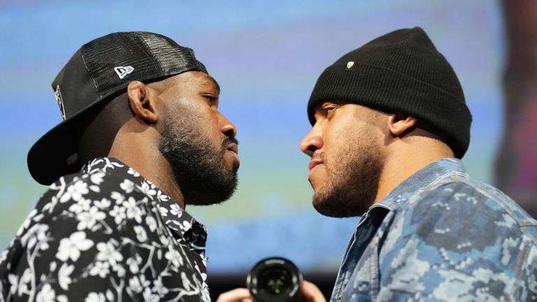 Jon Jones and Ciryl Gane of France face off during the UFC 285 Press Conference at the KA Theatre at MGM Grand Hotel & Casino on March 02, 2023 in Las Vegas, Nevada. (Photo by Chris Unger/Zuffa LLC via Getty Images)