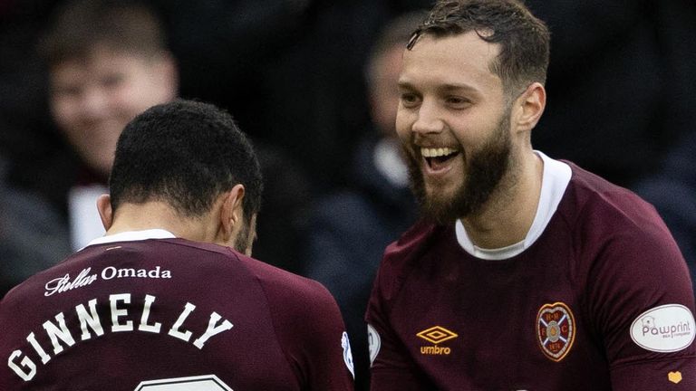 EDINBURGH, SCOTLAND - MARCH 04: Hearts' Jorge Grant (R) celebrates his goal to make it 3-0 during a cinch Premiership match between Heart of Midlothian and St Johnstone at Tynecastle Park, on March 04, 2023, in Edinburgh, Scotland.  (Photo by Alan Harvey / SNS Group)