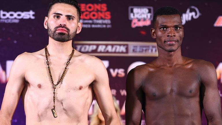 FRESNO, CALIFORNIA - MARCH 24: Jose Ramirez (L) and Richard Commey (R) pose during the weigh in prior to their March 25 junior welterweight fight at FSU Student Rec Center on March 24, 2023 in Fresno, California. (Photo by Mikey Williams/Top Rank Inc via Getty Images)